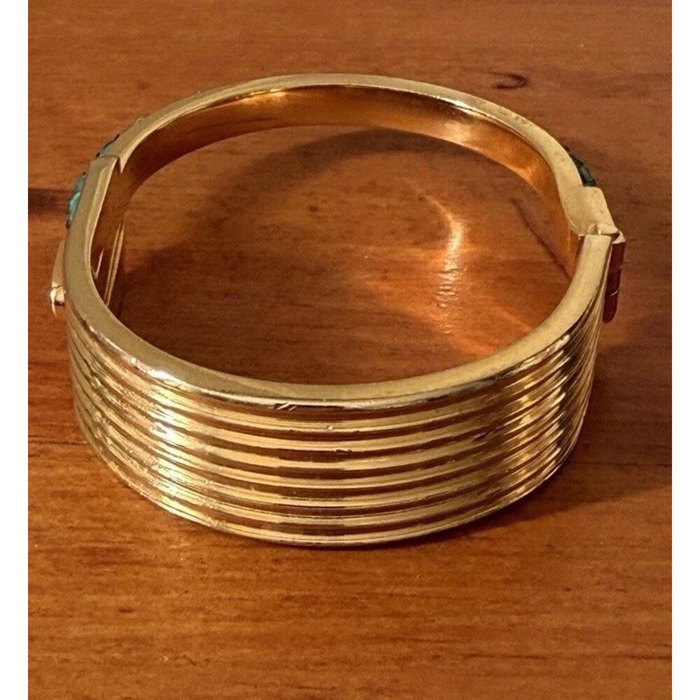 Gold Tone Hinged Cuff Bracelet with Turquoise Inlay Bohemian Statement Preowned - Picture 16 of 16